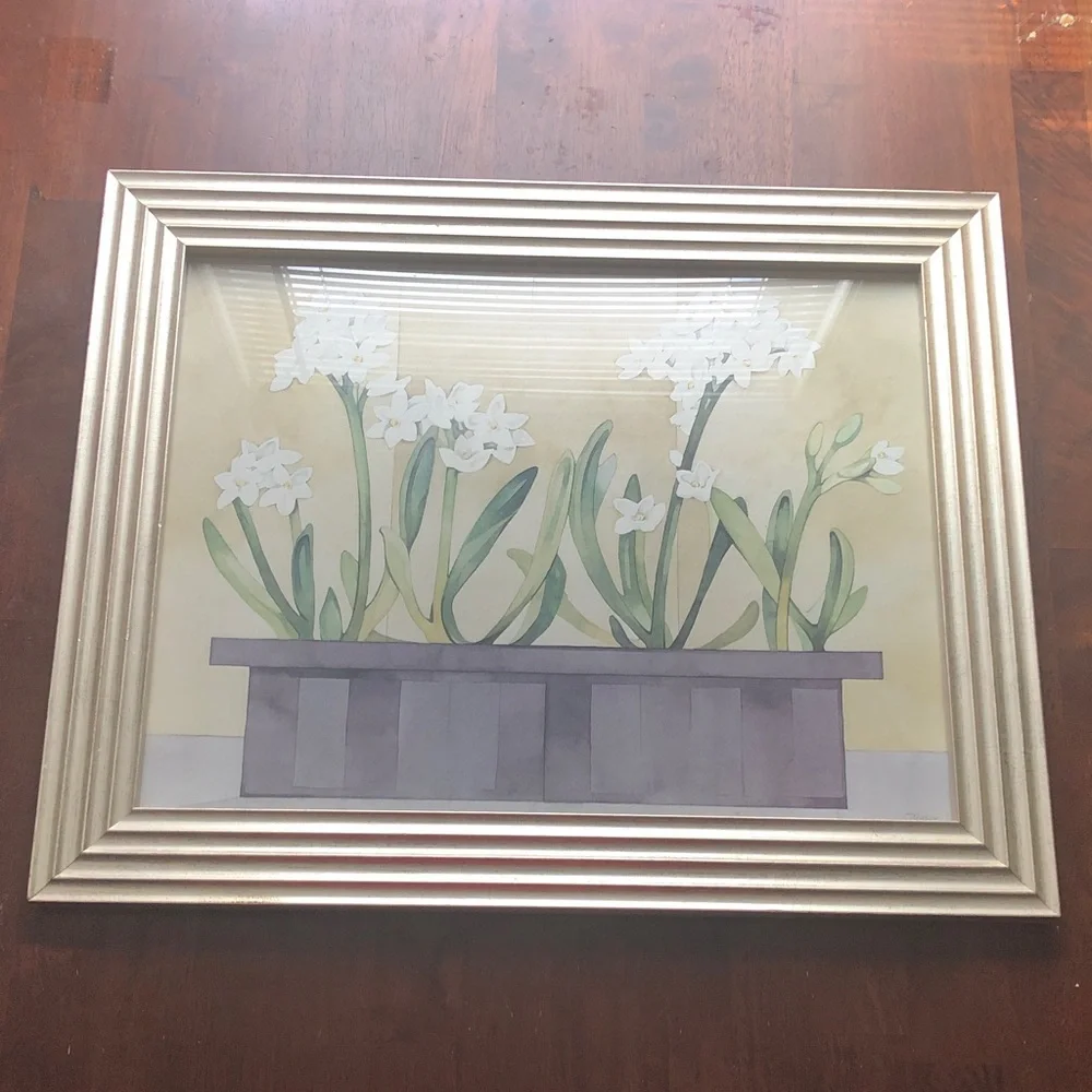 Framed Botanical Watercolor Print with White Flowers